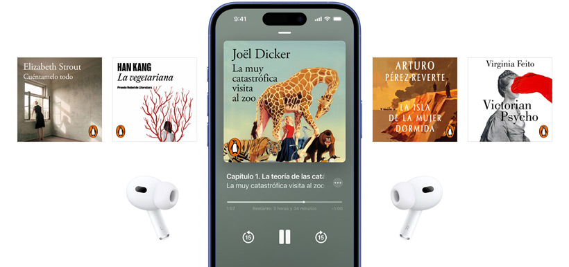 La pantalla de un iPhone en el centro muestra un audiolibro en la app Libros. Alrededor se ven portadas de audiolibros en disposición horizontal.