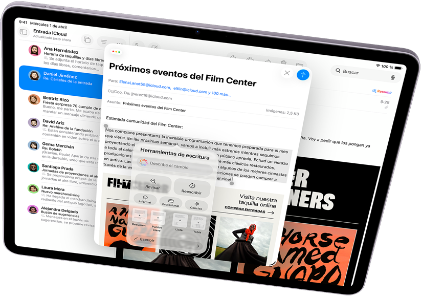 iPad Air en horizontal que muestra Apple Intelligence con Herramientas de Escritura y Mail