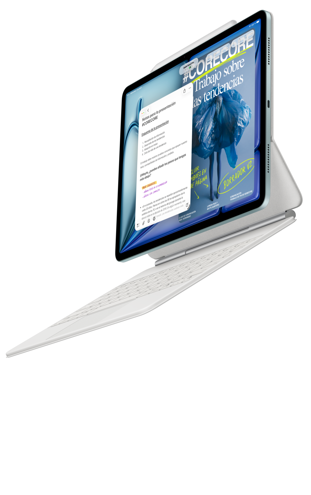 iPad Air acoplado a un Magic Keyboard para el iPad Air con un Apple Pencil Pro