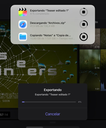 Notificación del progreso de varias tareas en segundo plano: exportación de vídeo, descarga de un archivo y traslado de notas a una copia de seguridad