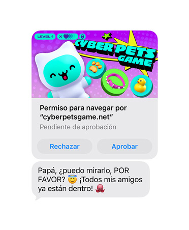 Pantalla que muestra un mensaje de texto con una captura de pantalla de cyberpetsgame.net, los botones Rechazar y Aprobar debajo del gráfico, el texto del mensaje, «Papá, ¿puedo echarle un vistazo? Todos mis amigos ya están ahí»