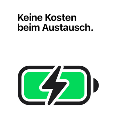 Schriftzug „Keine Kosten beim Austausch“ über einem Symbol für eine geladene Batterie