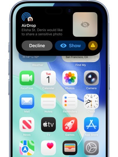 An AirDrop notification offers the user the choice of accepting or declining a blurred out image.