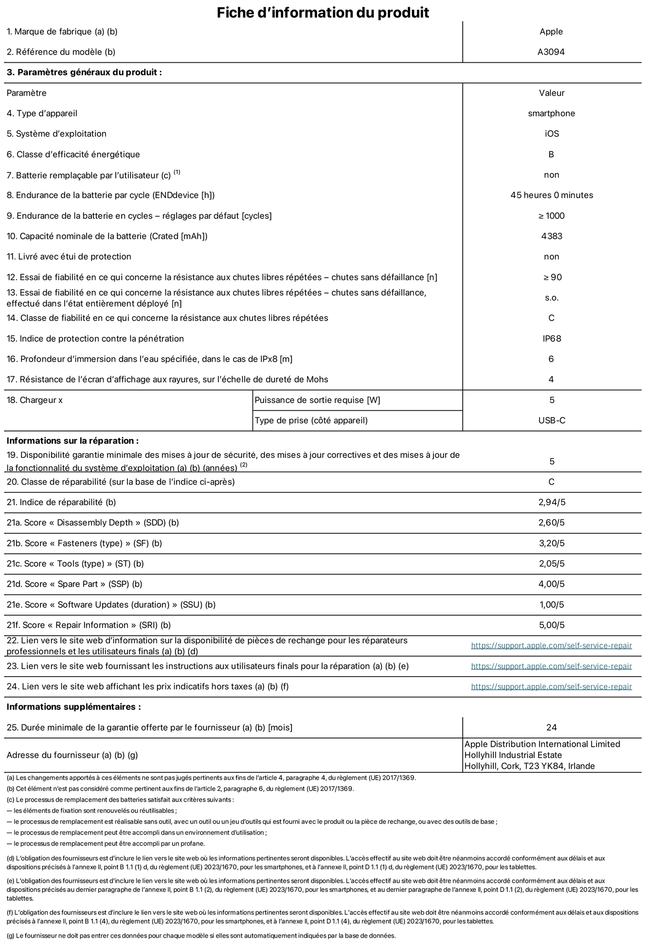 Fiche d’informations produit de l’iPhone 15 plus, modèle A3094. Fournie par Apple Distribution International Limited, Hollyhill Industrial Estate. Cork, T23 YK84, Irlande Type d’appareil : smartphone. Système d’exploitation : iOS. Classe d’efficacité énergétique : B. Batterie remplaçable par l’utilisateur : non. Endurance de la batterie par cycle : 45 heures. Endurance de la batterie en cycles – réglages par défaut : ≥ 1 000. Capacité nominale de la batterie : 4 383 mAh. Livré avec étui de protection : non. Essai de fiabilité en ce qui concerne la résistance aux chutes libres répétées – chutes sans défaillance : ≥ 90. Essai de fiabilité en ce qui concerne la résistance aux chutes libres répétées – chutes sans défaillance, effectué dans l’état entièrement déployé : non applicable. Classe de fiabilité en ce qui concerne la résistance aux chutes libres répétées : C. Indice de protection contre la pénétration : IP68. Profondeur d’immersion spécifiée, dans le cas de l’IPx8 : 6 mètres. Résistance de l’écran d’affichage aux rayures sur l’échelle de dureté de Mohs : 4. Puissance de sortie requise du chargeur : 5 W. Type de prise (côté appareil) : USB‑C. Disponibilité garantie minimale des mises à jour de sécurité, des mises à jour correctives et des mises à jour de la fonctionnalité du système d’exploitation : 5 ans. Classe de réparabilité : C. Indice de réparabilité : 2,94/5. Score pour la profondeur de désassemblage (SDD) : 2,60/5. Score pour les éléments de fixation : 3,20/5. Score pour les outils : 2,05/5. Score pour les pièces de rechange : 4,00/5. Score pour les mises à jour logicielles : 1,00/5. Score pour les informations concernant la réparation : 5,00/5. Lien vers le site web d’information sur la disponibilité des pièces de rechange pour les réparateurs professionnels et les utilisateurs finaux : https://support.apple.com/self-service-repair. Lien vers le site web fournissant les instructions aux utilisateurs finaux pour la réparation : https://support.apple.com/self-service-repair. Lien vers le site web affichant les prix indicatifs hors taxes : https://support.apple.com/self-service-repair. Garantie générale de 24 mois offerte.
