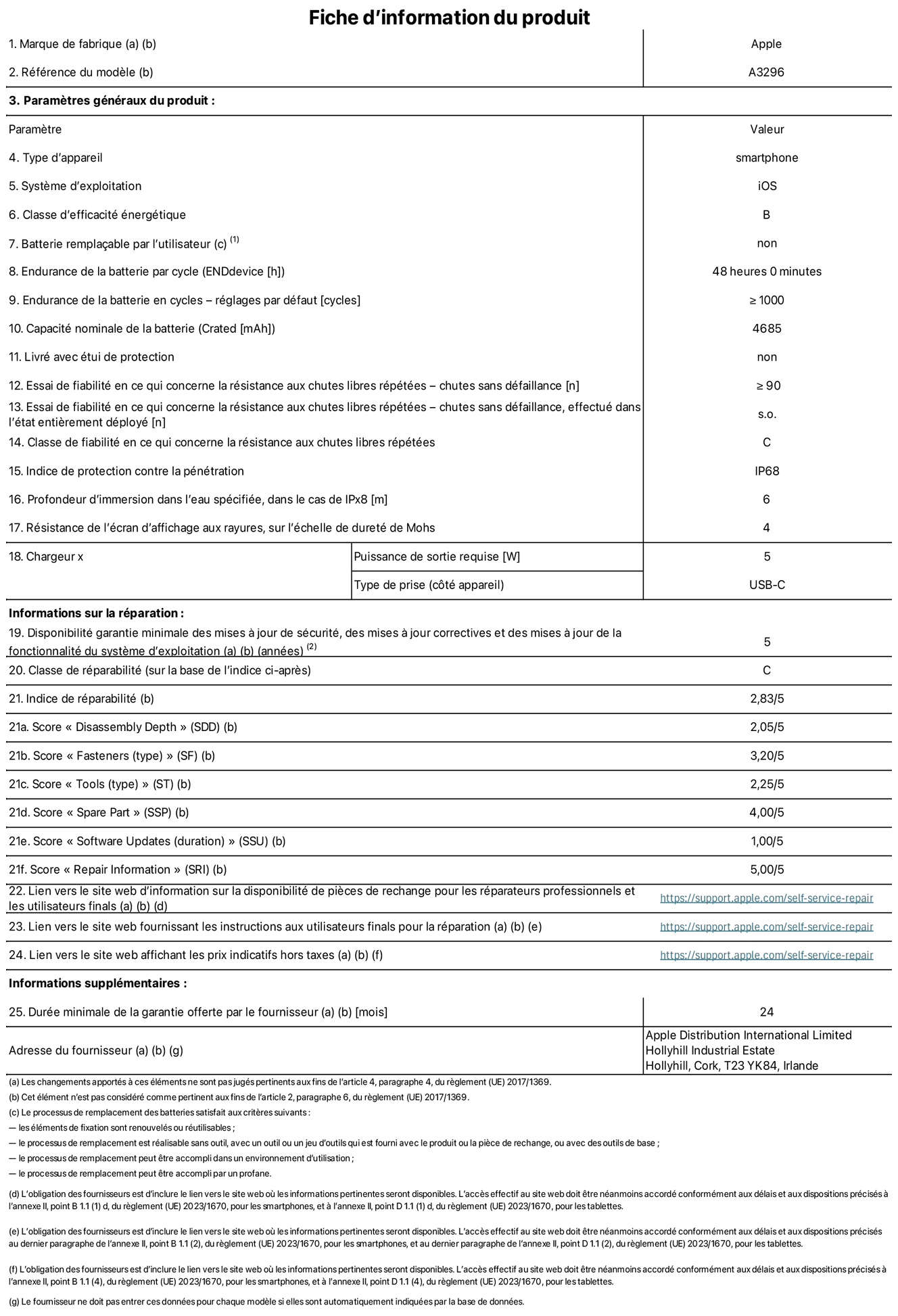 Fiche d’informations produit de l’iPhone 16 Pro Max, modèle A3296. Fournie par Apple Distribution International Limited, Hollyhill Industrial Estate. Cork, T23 YK84, Irlande Type d’appareil : smartphone. Système d’exploitation : iOS. Classe d’efficacité énergétique : B. Batterie remplaçable par l’utilisateur : non. Endurance de la batterie par cycle : 48 heures. Endurance de la batterie en cycles – réglages par défaut : supérieure ou égale à 1 000. Capacité nominale de la batterie : 4 685 mAh. Livré avec étui de protection : non. Essai de fiabilité en ce qui concerne la résistance aux chutes libres répétées – chutes sans défaillance :  supérieur ou égal à 90. Essai de fiabilité en ce qui concerne la résistance aux chutes libres répétées – chutes sans défaillance, effectué dans l’état entièrement déployé : non applicable. Classe de fiabilité en ce qui concerne la résistance aux chutes libres répétées : C. Indice de protection contre la pénétration : IP68. Profondeur d’immersion spécifiée dans l’eau, dans le cas de l’IPx8 : 6 mètres. Résistance de l’écran d’affichage aux rayures sur l’échelle de dureté de Mohs : 4. Puissance de sortie requise du chargeur : 5 W. Type de prise (côté appareil) : USB‑C. Disponibilité garantie minimale des mises à jour de sécurité, des mises à jour correctives et des mises à jour de la fonctionnalité du système d’exploitation : 5 ans. Classe de réparabilité : C. Indice de réparabilité : 2,83/5. Score pour la profondeur de désassemblage (SDD) : 2,05/5. Score pour les éléments de fixation : 3,20/5. Score pour les outils : 1,00/5. Score pour les pièces de rechange : 4,00/5. Score pour les mises à jour logicielles : 1,00/5. Score pour les informations concernant la réparation : 5,00/5. Lien vers le site web d’information sur la disponibilité des pièces de rechange pour les réparateurs professionnels et les utilisateurs finaux : https://support.apple.com/self-service-repair. Lien vers le site web fournissant les instructions aux utilisateurs finaux pour la réparation : https://support.apple.com/self-service-repair. Lien vers le site web affichant les prix indicatifs hors taxes : https://support.apple.com/self-service-repair. Garantie générale de 12 mois offerte.