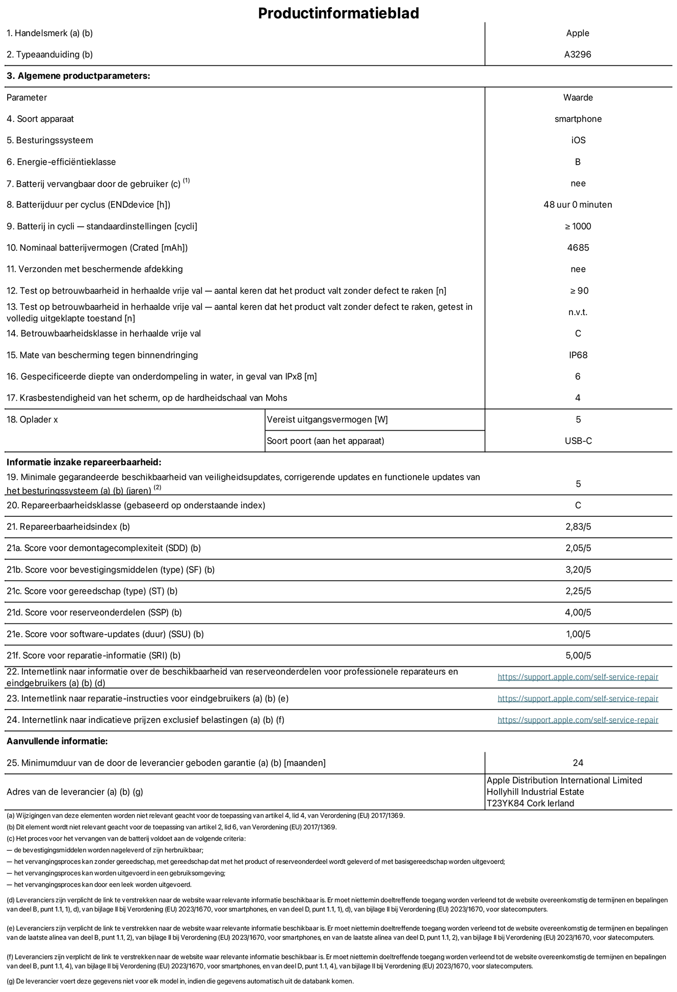 Productinformatieblad voor iPhone 16 Pro Max, model A3296. Verstrekt door Apple Distribution International Limited, Hollyhill Industrial Estate. Cork, Ierland T23 YK84. Type device: smartphone. Besturingssysteem: iOS. Energie-efficiëntieklasse: B. Batterij door de gebruiker te vervangen: nee. Batterijduur per cyclus: 48 uur. Batterijduur in cycli, standaardinstellingen: groter dan of gelijk aan 1000. Nominale batterijcapaciteit: 4685 mAh. Geleverd met beschermhoes: nee. Herhaalde betrouwbaarheidstest voor vrije val, valt zonder defect: groter dan of gelijk aan 90. Herhaalde betrouwbaarheidstest voor vrije val, valpartijen zonder defect getest in volledig verlengde staat: niet van toepassing. Herhaalde vrije val betrouwbaarheidsklasse: C. Beschermingsklasse: IP68. Gespecificeerde dompeldiepte in water, in geval van iPx8: 6 meter. Krasbestendigheid van het scherm op de hardheidsschaal van Mohs: 4. Uitgangsvermogen vereist voor oplader: 5 watt. Type opladeraansluiting (aan het uiteinde van het apparaat): USB-C. Minimale gegarandeerde beschikbaarheid van beveiligingsupdates van het besturingssysteem, corrigerende updates en functionaliteitsupdates: 5 jaar. Herstelbaarheidsklasse: C. Herstelbaarheidsindex: 2,83/5. Score demontagediepte (SDD): 2,05/5. Score sluitingen: 3,20/5. Gereedschapsscore: 1,00/5. Reservedeelscore: 4,00/5. Score software-updates: 1,00/5. Score reparatiegegevens: 5,00/5. Weblink naar informatie over de beschikbaarheid van reserveonderdelen voor professionele reparaties en eindgebruikers: https://support.apple.com/self-service-repair. Weblink voor reparatie-instructies voor eindgebruikers: https://support.apple.com/self-service-repair. Weblink naar indicatieve prijzen vóór belasting: https://support.apple.com/self-service-repair. Inclusief 12 maanden algemene garantie.