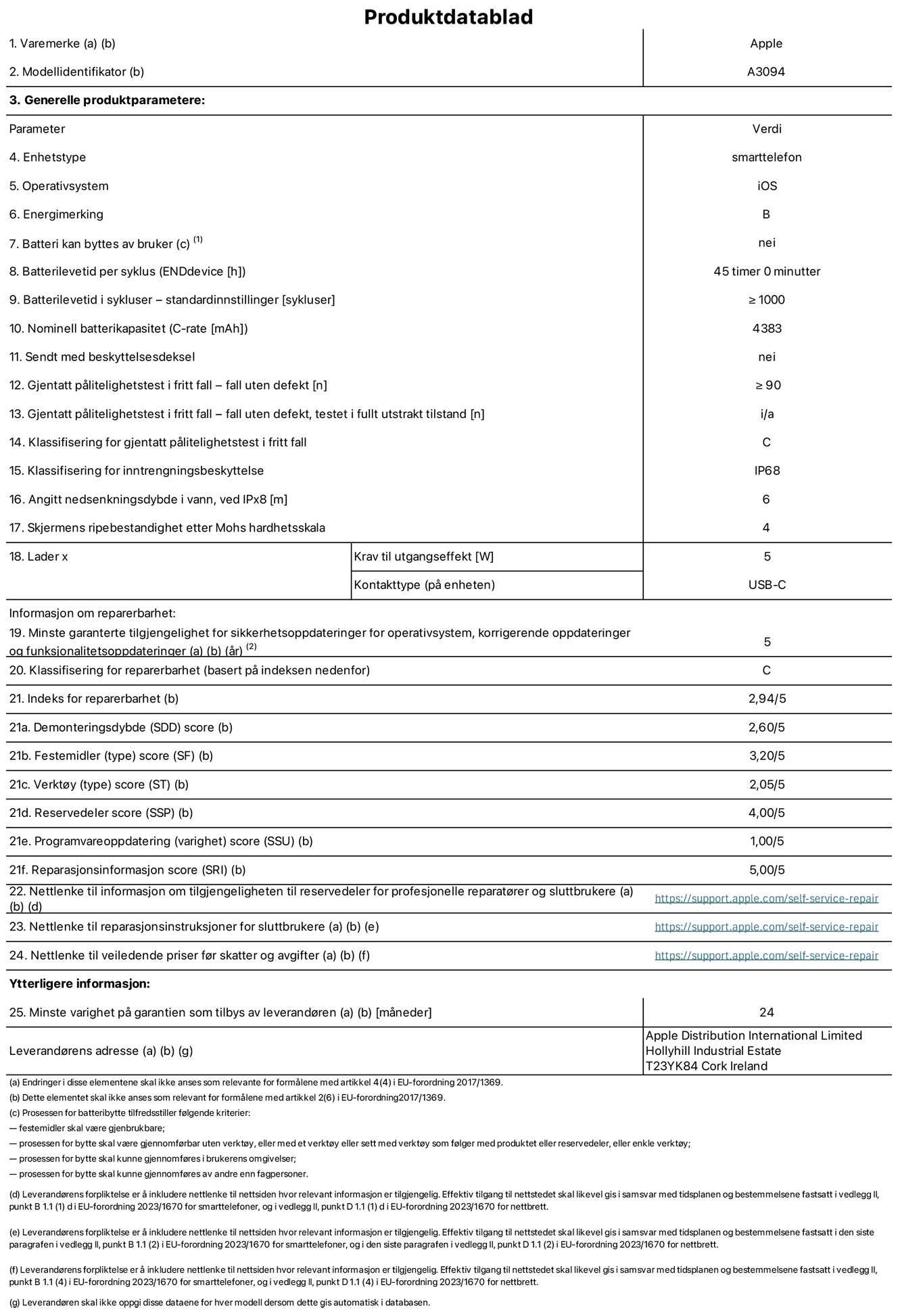 Produktdatablad for iPhone 15 Plus – modell A3094. Levert av Apple Distribution International Limited, Hollyhill Industrial Estate. Cork, Irland T23 YK84. Enhetstype: smarttelefon. Operativsystem: iOS. Energieffektivitetsklasse: B. Batteriet kan byttes av brukeren: nei. Batteriets holdbarhet per ladesyklus: 45 timer. Batteriets holdbarhet i antall ladesykluser – standardinnstillinger: ≥ 1000. Nominell batterikapasitet: 4383 mAh. Leveres med beskyttelsesdeksel: nei. Holdbarhetstest ved gjentatte fall – antall fall uten feil: ≥ 90. Holdbarhetstest ved gjentatte fall – antall fall uten feil i helt utfoldet tilstand: ikke relevant. Holdbarhetsklasse ved gjentatte fall: C. Kapslingsgrad: IP68. Angitt nedsenkingsdybde i vann ved IPx8: 6. Skjermens ripefasthet på Mohs skala: 4. Krav til laderens utgangseffekt: 5 watt. Laderens stikkontakt (på enhetssiden): USB-C. Minstegaranti for tilgang på sikkerhetsoppdateringer, feilrettinger og funksjonsoppdateringer til operativsystemet: 5 år. Reparerbarhetsklasse: C. Reparerbarhetsindeks: 2,94/5. Demontering: 2,60/5. Festeanordninger: 3,20/5. Verktøy: 2,05/5. Reservedeler: 4,00/5. Programvareoppdateringer: 1,00/5. Informasjon om reparasjon: 5,00/5. Lenke til informasjon om tilgjengelighet for reservedeler for profesjonelle reparatører og sluttbrukere: https://support.apple.com/self-service-repair. Lenke til reparasjonsveiledning for sluttbrukere: https://support.apple.com/self-service-repair. Lenke til veiledende priser ekskl. mva: https://support.apple.com/self-service-repair. Produktet omfattes av en 24-måneders generell garanti.