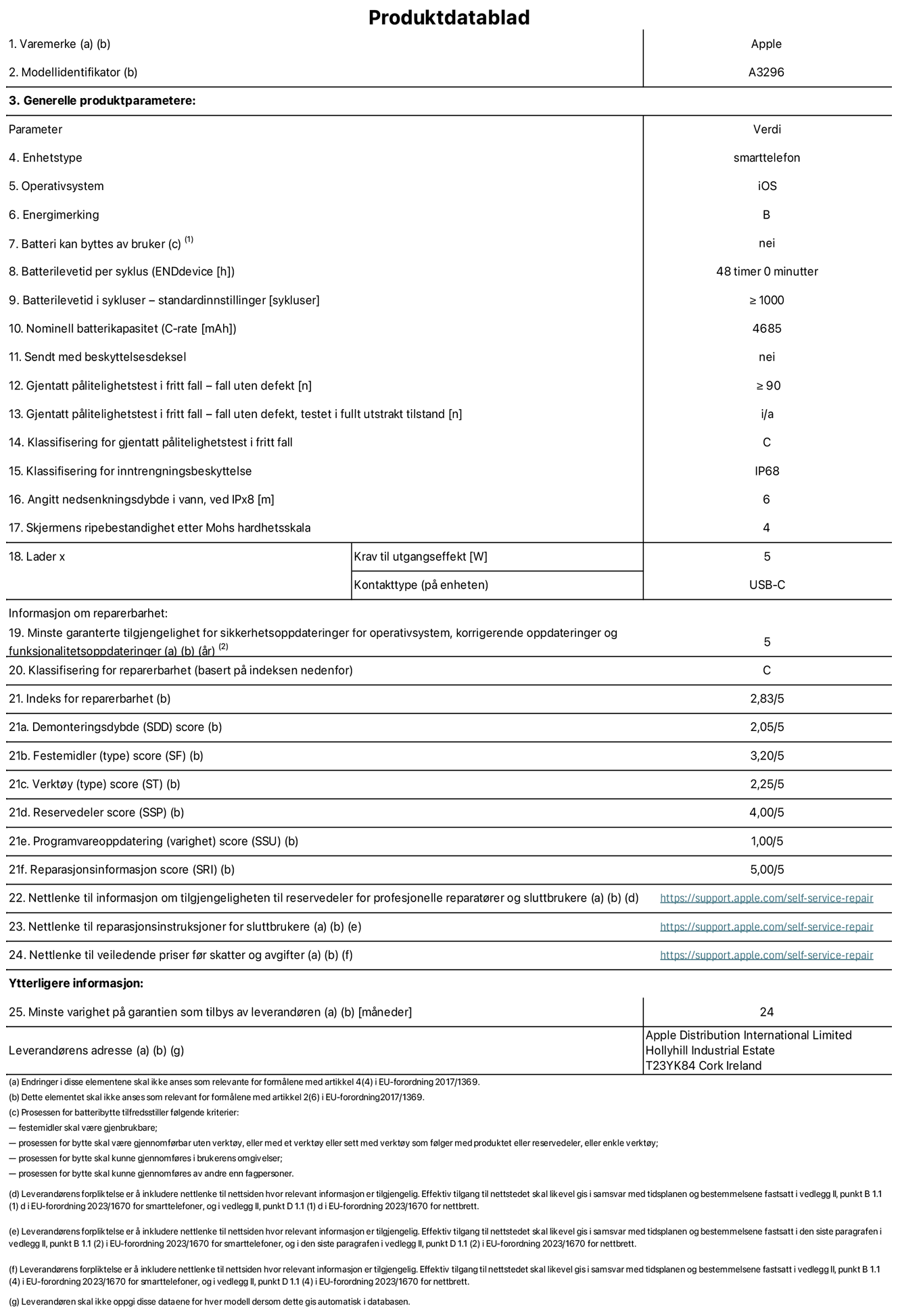 Produktdatablad for iPhone 16 Pro Max – modell A3296. Levert av Apple Distribution International Limited, Hollyhill Industrial Estate. Cork, Irland T23 YK84. Enhetstype: smarttelefon. Operativsystem: iOS. Energieffektivitetsklasse: B. Batteriet kan byttes av brukeren: nei. Batteriets holdbarhet per ladesyklus: 48 timer. Batteriets holdbarhet i antall ladesykluser - standardinnstillinger: større enn eller lik 1000. Nominell batterikapasitet: 4685 mAh. Leveres med beskyttelsesdeksel: nei. Holdbarhetstest ved gjentatte fall – antall fall uten feil: større enn eller lik 90. Holdbarhetstest ved gjentatte fall – antall fall uten feil i helt utfoldet tilstand: ikke aktuelt. Holdbarhetsklasse ved gjentatte fall: C. Kapslingsgrad: IP68. Angitt nedsenkingsdybde i vann ved IPx8: 6 meter. Skjermens ripefasthet på Mohs skala: 4. Krav til laderens utgangseffekt: 5 watt. Laderens stikkontakt (på enhetssiden): USB-C. Minstegaranti for tilgang på sikkerhetsoppdateringer, feilrettinger og funksjonsoppdateringer til operativsystemet: 5 år. Reparerbarhetsklasse: C. Reparerbarhetsindeks: 2,83/5. Demontering: 2,05/5. Festeanordninger: 3,20/5. Verktøy: 1,00/5. Reservedeler: 4,00/5. Programvareoppdateringer: 1,00/5. Informasjon om reparasjon: 5,00/5. Lenke til informasjon om tilgjengelighet for reservedeler for profesjonelle reparatører og sluttbrukere: https://support.apple.com/self-service-repair. Lenke til reparasjonsveiledning for sluttbrukere: https://support.apple.com/self-service-repair. Lenke til veiledende priser ekskl. mva: https://support.apple.com/self-service-repair. Produktet omfattes av en 12-måneders generell garanti.