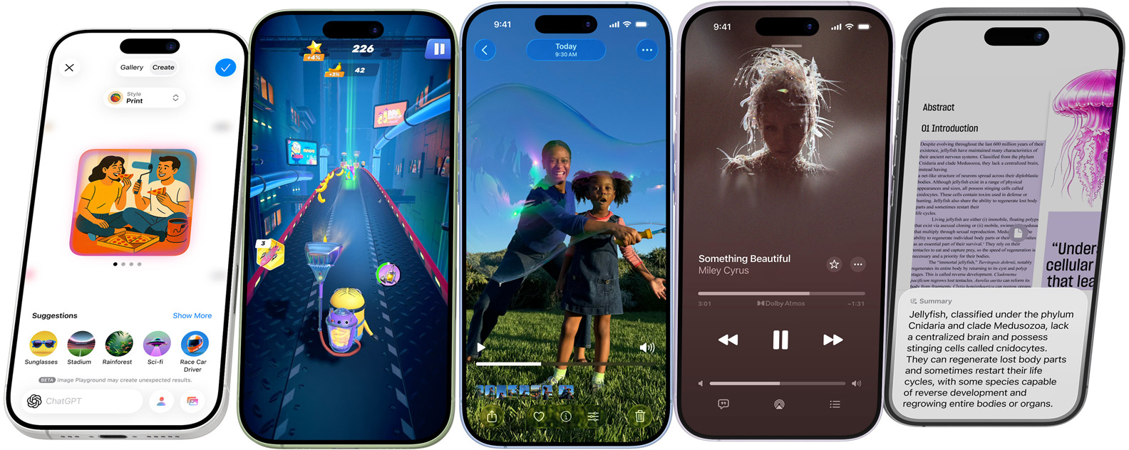 iPhone 17 devices spinning end over end, stopping on screens showing iPhone features