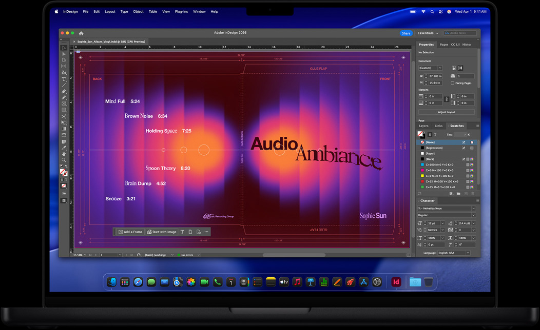MacBook Pro Display mit Adobe InDesign, in dem ein Schallplattencover erstellt wird
