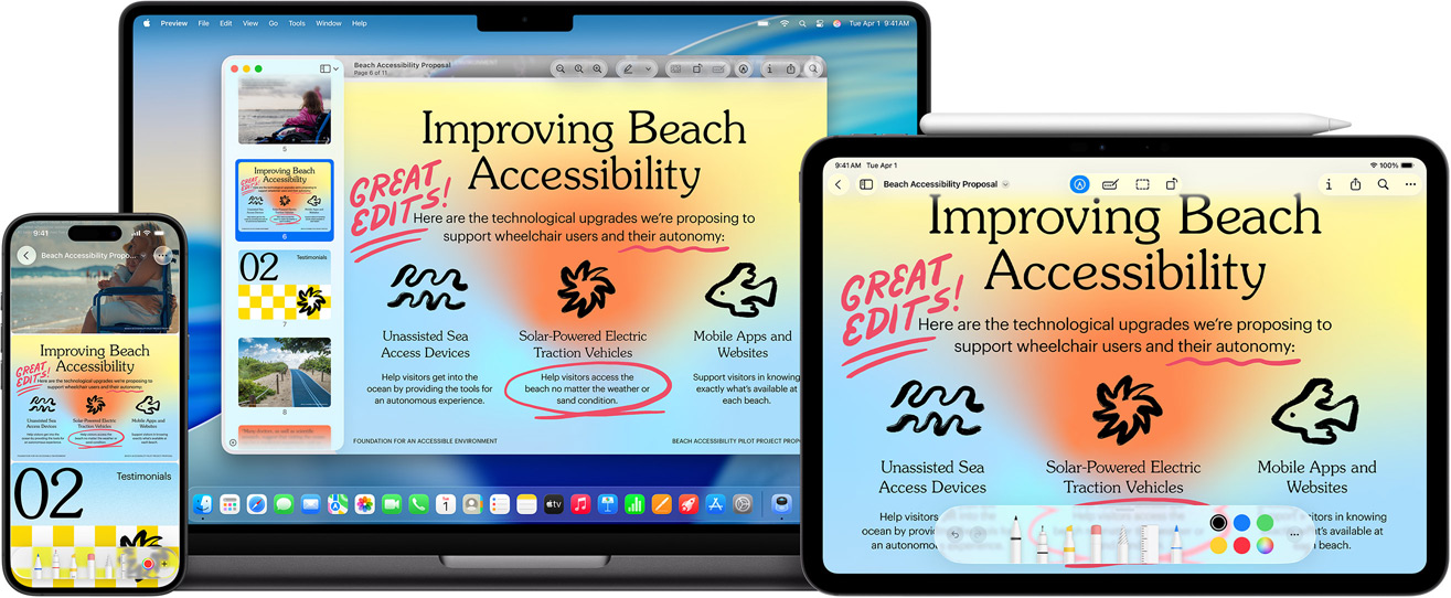 Varios dispositivos Apple, la misma imagen en cada uno, se ha usado un Apple Pencil para hacer anotaciones en la imagen del iPad, aparecen en el resto de dispositivos