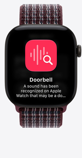 Apple Watch Series 12 med urkasse i sort aluminium og Sport Loop-rem i bordeaux tartan, fastgjorte samtaler på skærmen