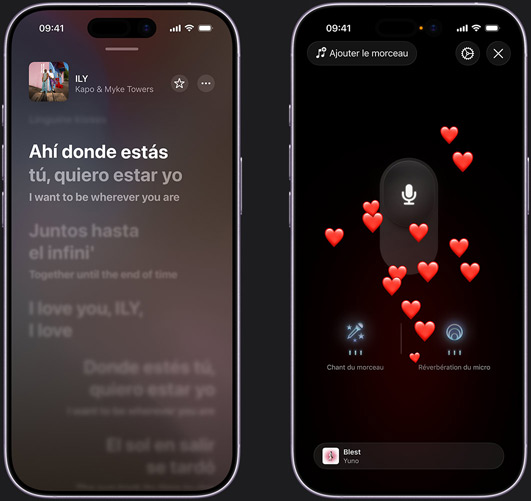 iPhone sur la gauche affichant le mode Apple Music Sing sur iPhone diffusant « ILY » de Kapo et Myke Towers, iPhone sur la droite affichant le mode Apple Music Sing sur iPhone avec des emoji de cœur qui remontent du bas de l’écran, l’icône du micro au milieu de l’écran, les icônes « Voix de la chanson » et « Réverbération du micro » en bas de l’écran