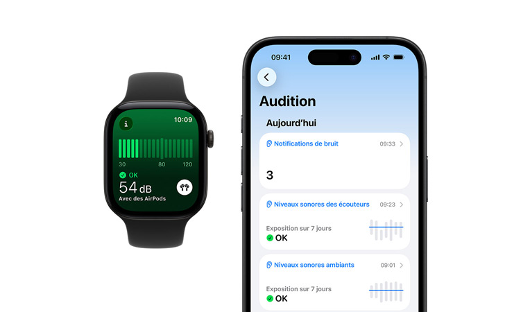 Apple Watch Series 11, boîtier en aluminium, couleur argent, app Bruit, Bracelet Sport jaune fluo, résumé niveaux sonores quotidien détaillé ouvert sur un iPhone jumelé à l’Apple Watch