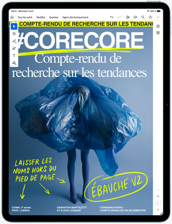 iPad Air, face avant, affichant le lecteur de PDF Adobe Acrobat avec une tâche de design en cours