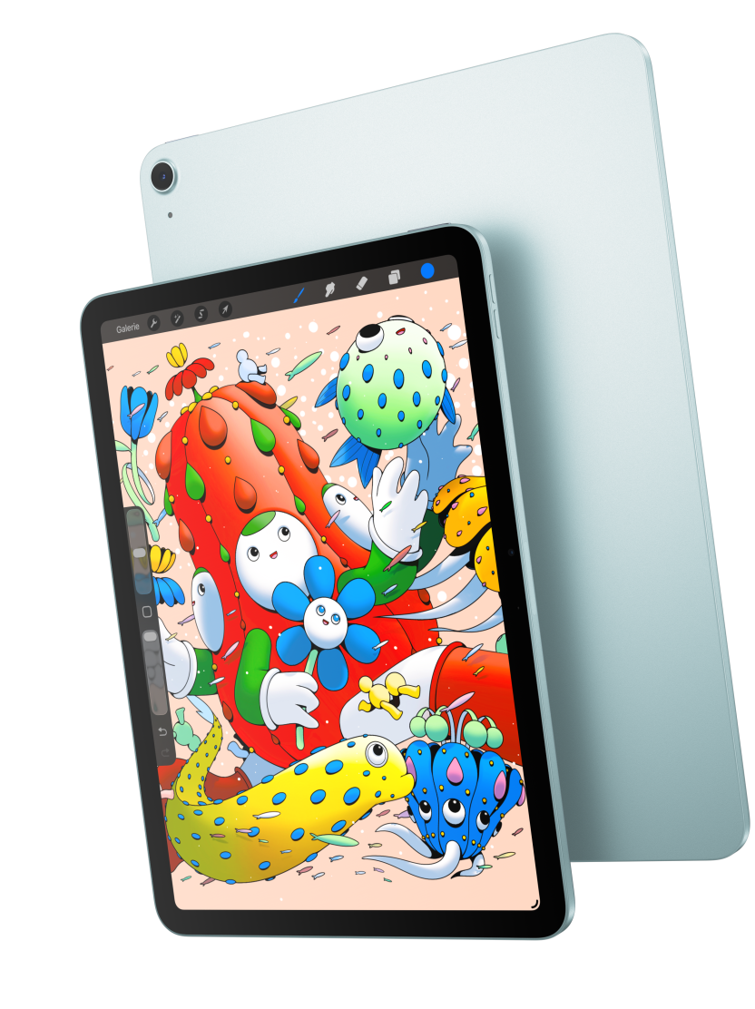Vue avant d’un iPad Air 11 pouces affichant Procreate, superposé au dos d’un iPad Air bleu