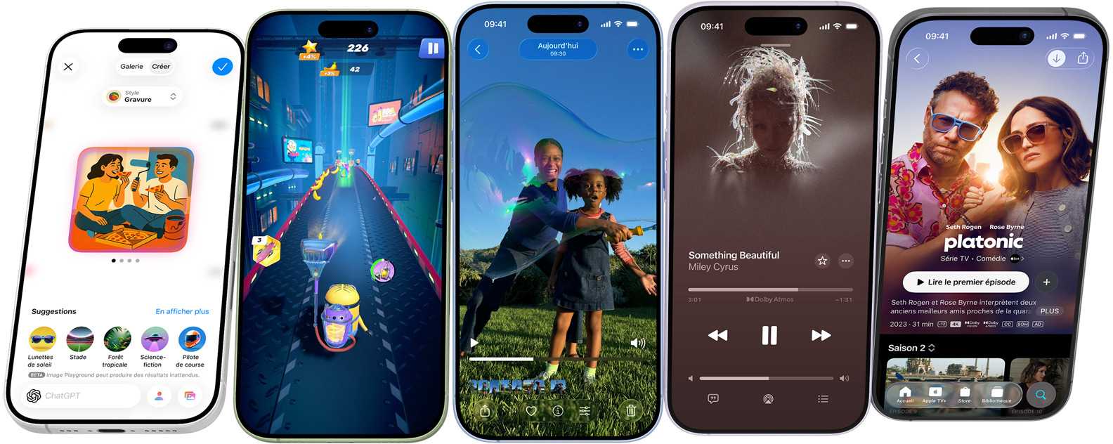 Plusieurs iPhone 17 basculant d’avant en arrière, s’arrêtant sur des écrans montrant des fonctionnalités de l’iPhone