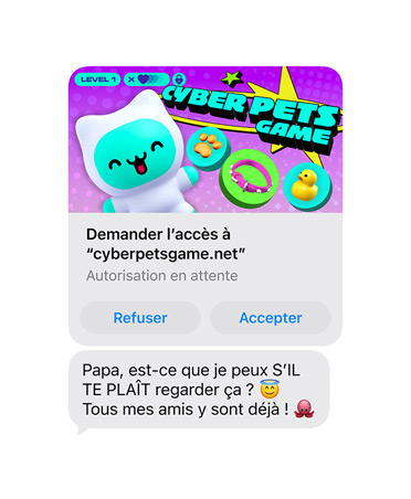 Écran affichant un SMS avec une capture d’écran de cyberpetsgame.net, les boutons Refuser et Approuver sous l’image, texte du message : Papa, je peux aller sur ce site s’il te plaît, tout le monde y joue déjà