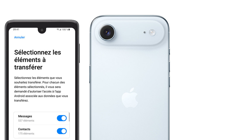Côte à côte, écran Android affichant l’app Migrer vers iOS, iPhone Air, face arrière, système caméra Fusion en saillie, flash de la caméra