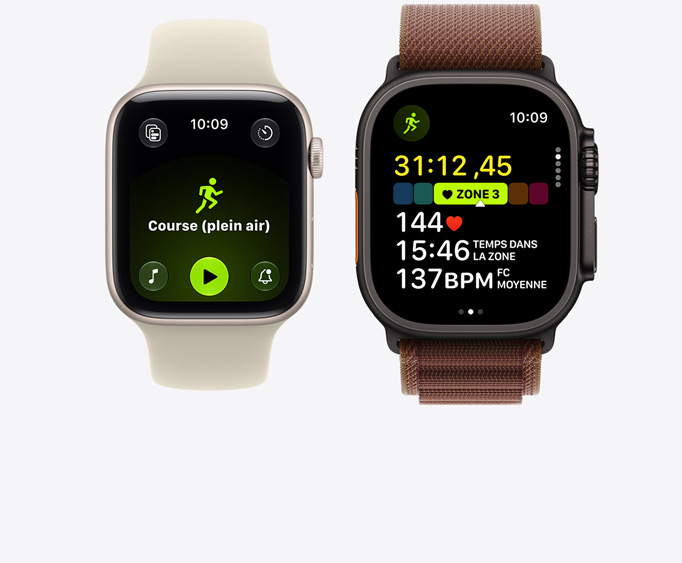 Apple Watch Series 12, boîtier en aluminium, or clair, exercice Course en plein air ouvert avec les commandes de lecture d’Apple Music, Apple Watch Ultra 4, boîtier en titane, noir, exercice Course ouvert, fréquence cardiaque en Zone 3