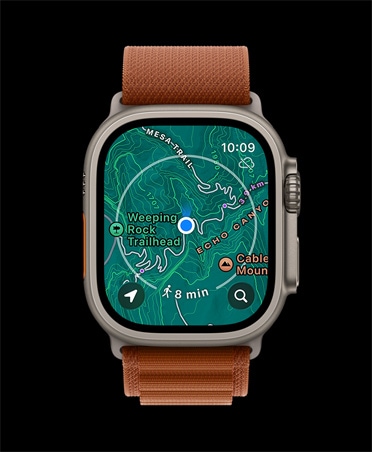 Apple Watch Ultra 3, φυσικό χρώμα, κάσα από τιτάνιο, χάρτης εκτός σύνδεσης, οδηγίες για προσεχή γεγονότα, λουράκι τερακότα Alpine Loop