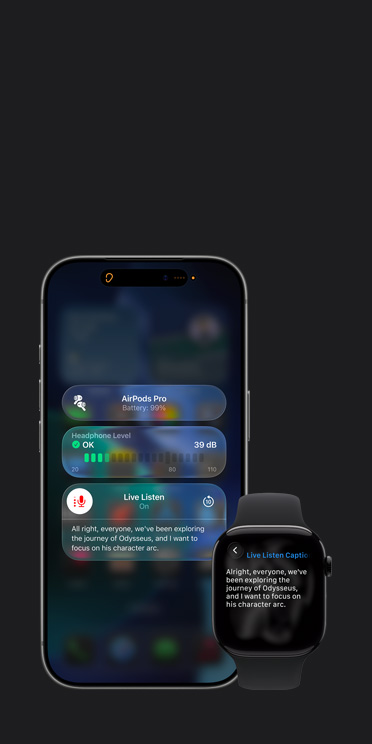 iPhone 17 Pro 螢幕展示使用中的即時聆聽環節,並帶有所得音訊的字幕;Apple Watch Series 11 螢幕展示同一音訊的即時字幕。