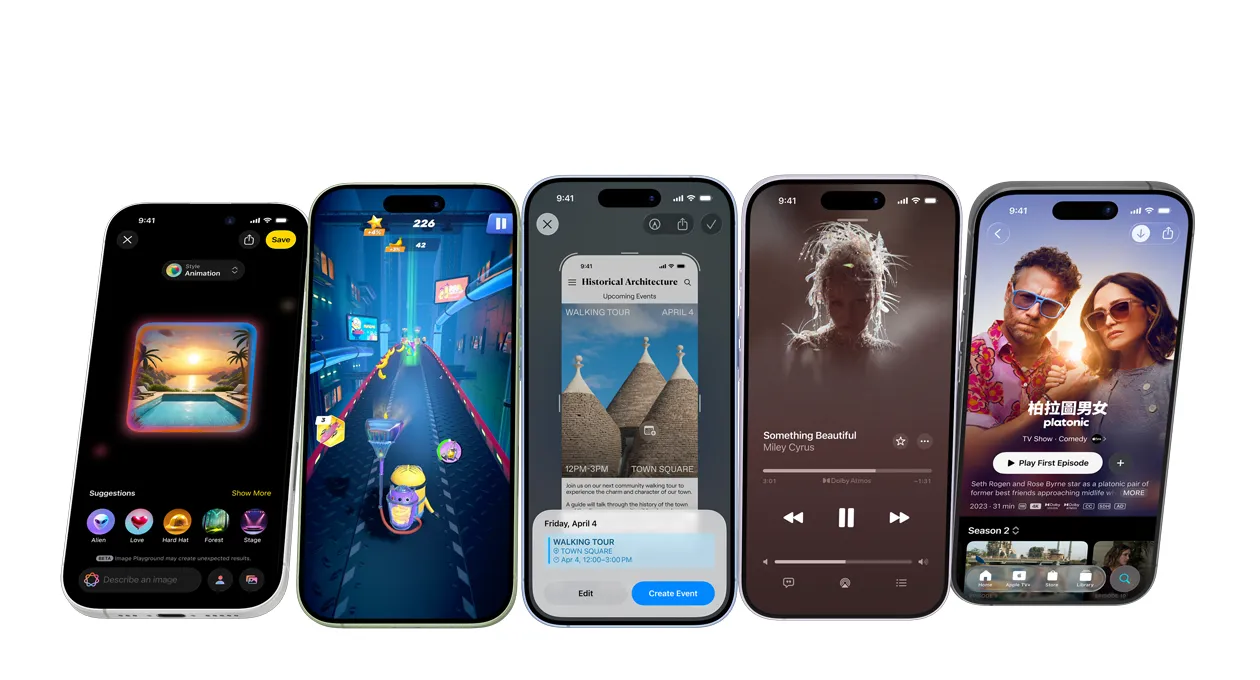 iPhone 17 devices in different colors, screens showing various apps