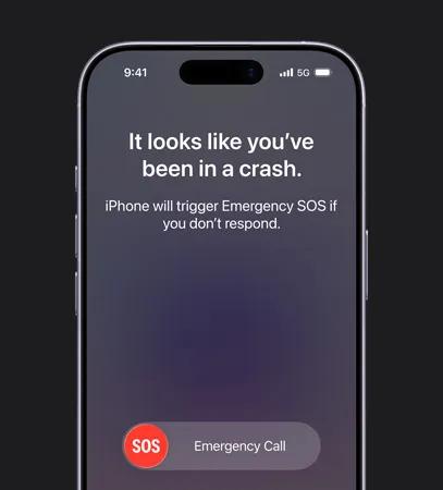iPhone 17, front exterior, rounded corners, crash detection feature in use
