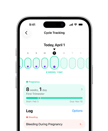 iPhone,在健康 app 設定了經期追蹤以追蹤懷孕期間的里程碑