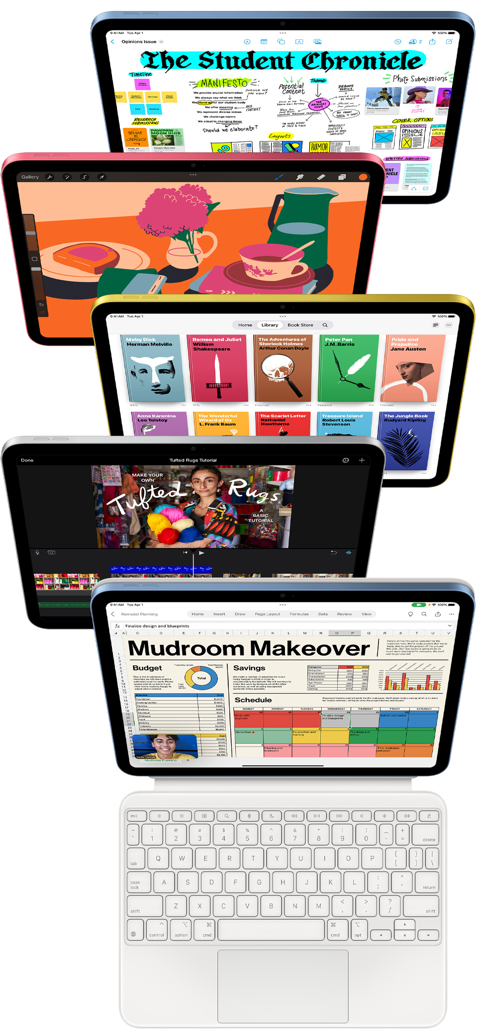 多部 iPad 的正面圖，螢幕顯示各式各樣的 app，包括 Freeform、Procreate、Apple Books、iMovie、Excel 和 Webex Meetings。