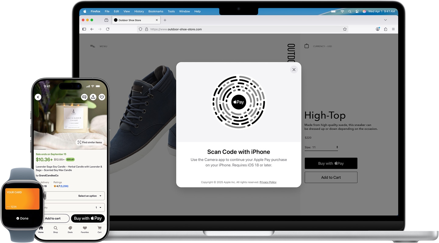 Egy Apple Watch, egy iPhone és egy MacBook egymás mellett. Az Apple Watchon egy American Express hitelkártya jelenik meg. Az iPhone-on egy gyertya Etsy-termékoldala jelenik meg, ahol Apple Payjel lehet fizetni. A MacBookon egy termékoldal látható az Outdoor Shoe Store webhelyen, amelyen az Apple Pay rátétpanelje jelenik meg egy QR-kóddal, arra kérve a fizetőt, hogy az iPhone-ja segítségével folytassa a vásárlást.