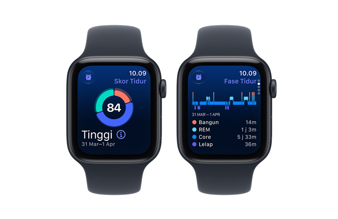 Apple Watch SE 3 devices, aluminum cases, midnight color, screens show sleep score, sleep stages, right side exterior, Digital Crown dials, Sport Bands, navy blue color