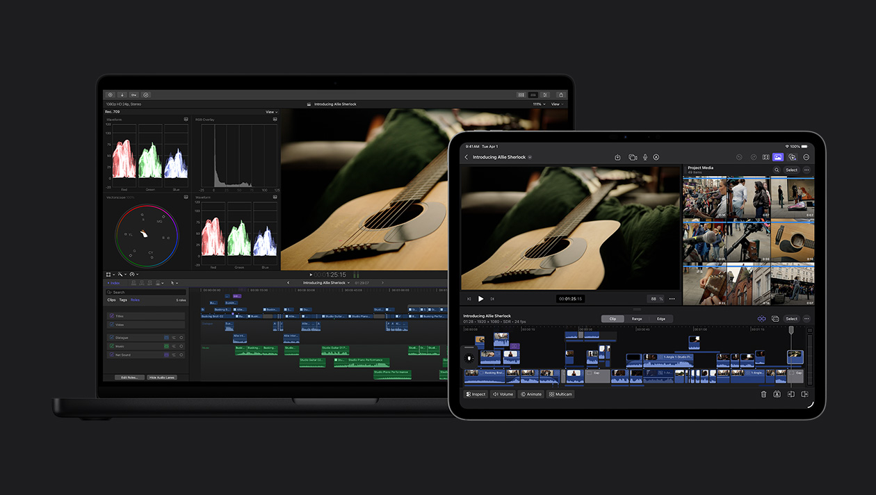Layar iPad Pro 13 dan MacBook Pro 14 menampilkan klip seorang perempuan yang sedang bermain gitar di sofa, klip dari video di bagian bawah layar iPad Pro, garis waktu di bagian bawah layar MacBook Pro