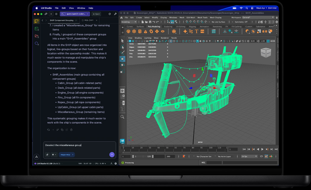 Layar MacBook Pro menampilkan LM Studio dan Autodesk Maya