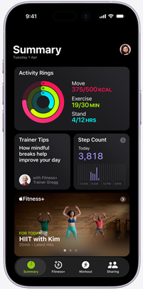 Apple Fitness+ app on an iPhone showing the Summary tab screen, featuring Activity rings, Trainer Tips, Step Count and recommended Apple Fitness+ workouts