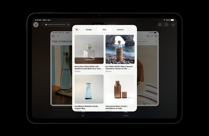 iPad Pro 11, Space Black, screen shows image of products in response to a Visual Intelligence onscreen query about glass bottles, Ask or Image Search buttons displayed under images