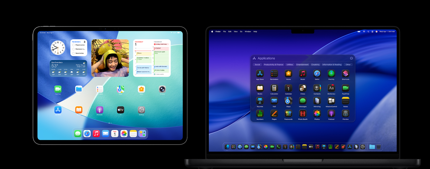 An iPad and a Mac displaying various app icons. The iPad shows several widgets, including Calendar, Weather, and Photos. In background of Mac is MacOS Tahoe.