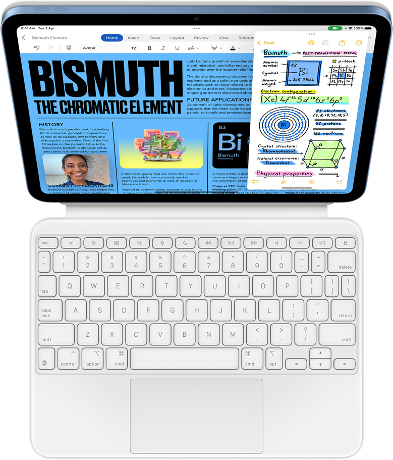 iPad attached to Magic Keyboard Folio, screen displaying Slide over with Microsoft Word and Notes, FaceTime call is happening simultaneously.
