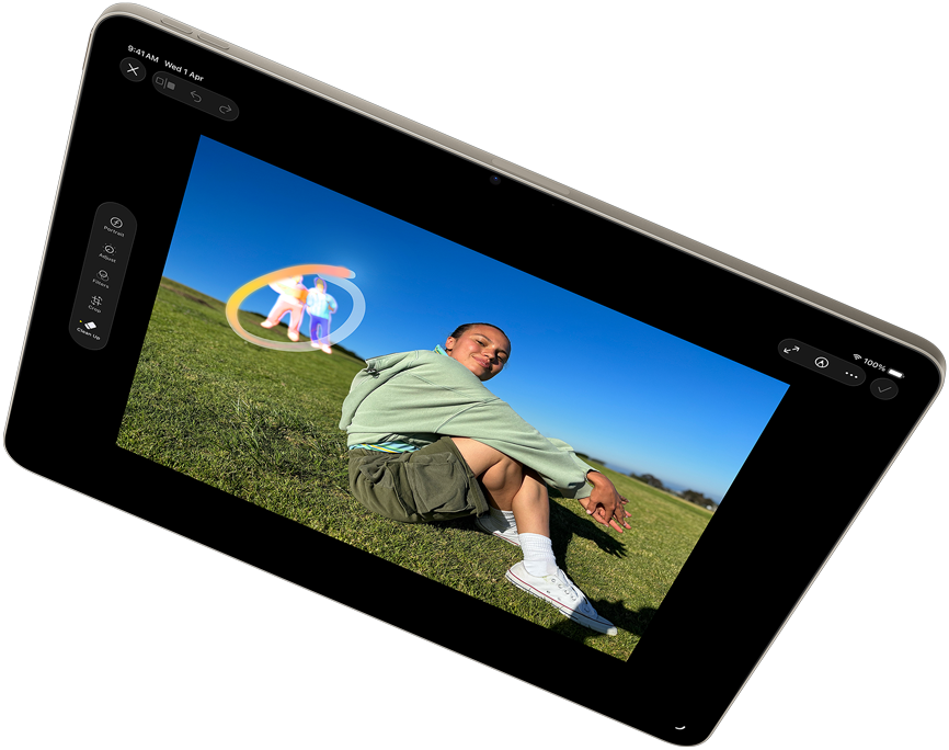Landscape view of iPad Air showcasing Apple Intelligence with the Clean Up tool in Photos app