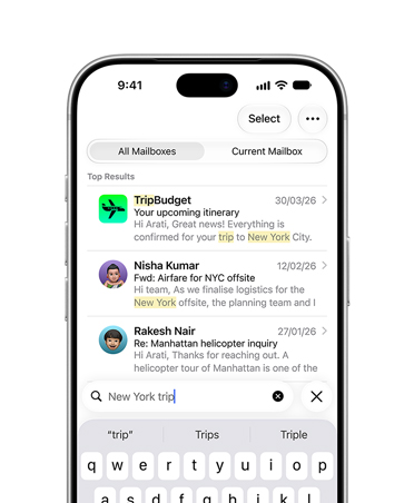 iPhone 18 Pro, Silver, screen showing selection of emails retrieved from search term New York City trip