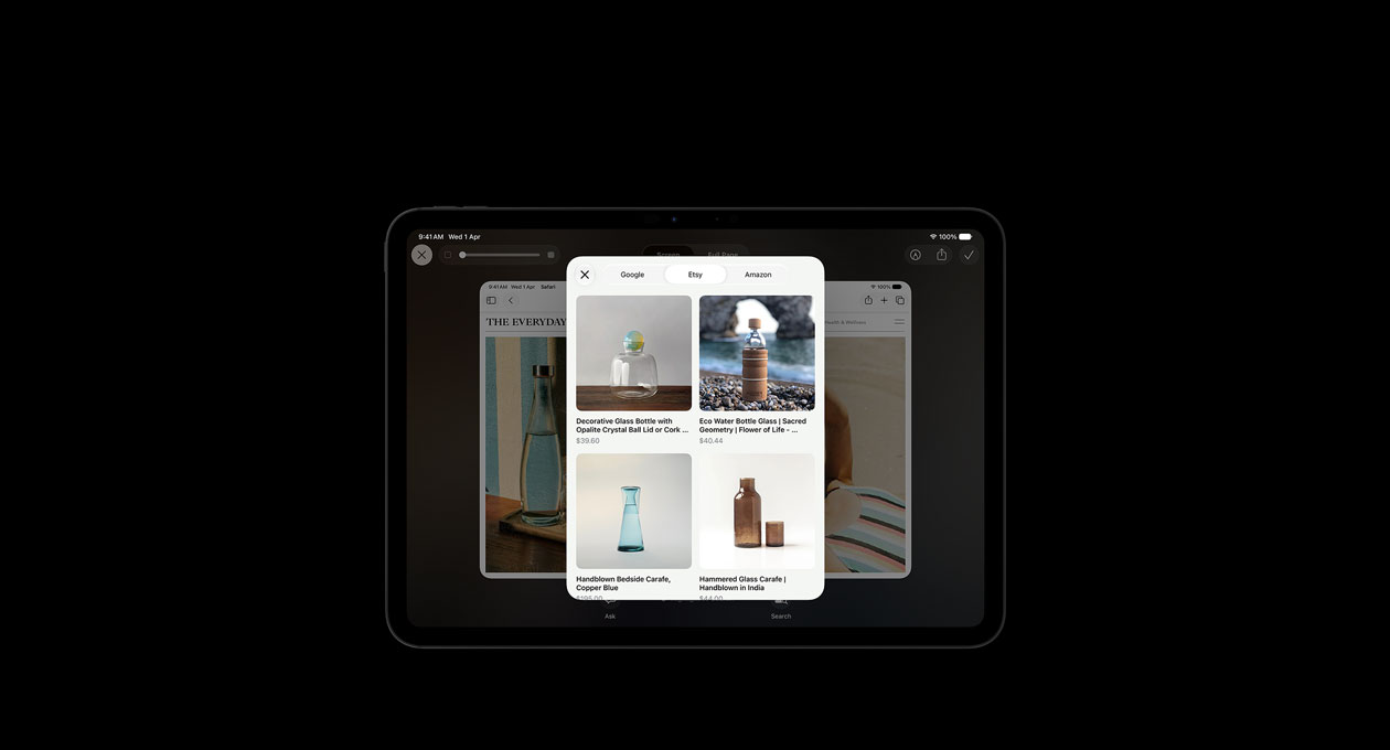 iPad Pro 11, Space Black, screen shows image of products in response to a Visual Intelligence onscreen query about glass bottles, Ask or Image Search buttons displayed under images