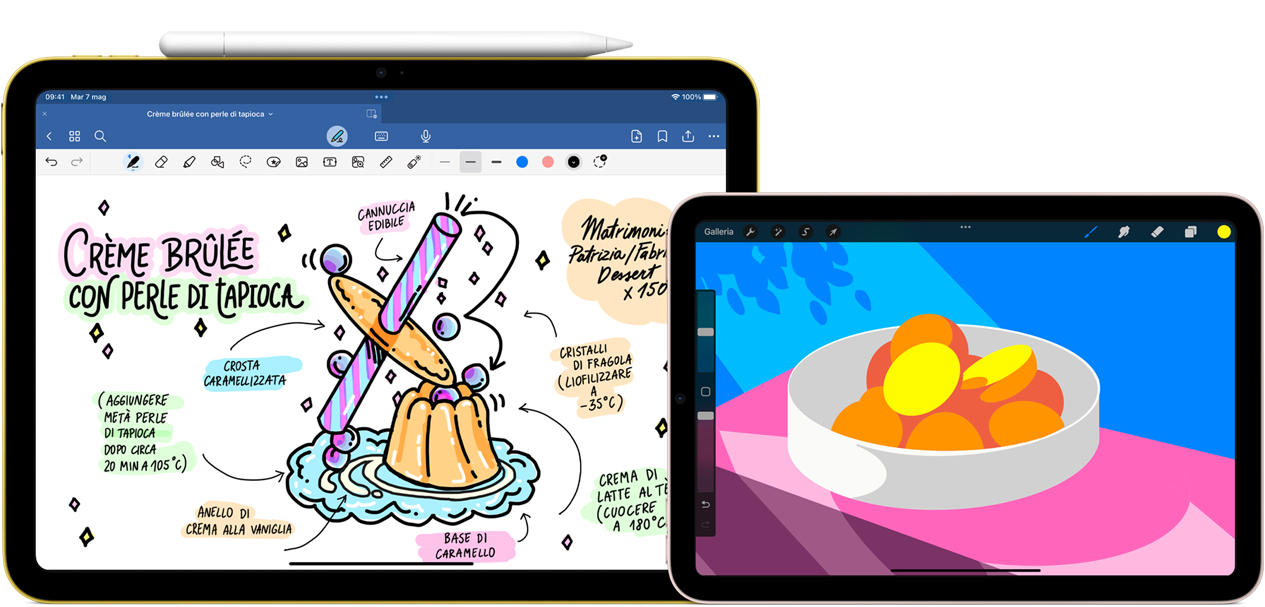 Due modelli di iPad affiancati. Quello di sinistra è un iPad disposto in orizzontale: si notano un disegno e alcune scritte e, sul lato superiore, è agganciata una Apple Pencil USB‑C. Quello di destra è un iPad mini in posizione orizzontale: il display mostra un’illustrazione dai colori brillanti creata con l’app ProCreate.