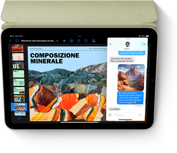 Un iPad mini in orizzontale che mostra la funzione Slide Over con Keynote e Messaggi.