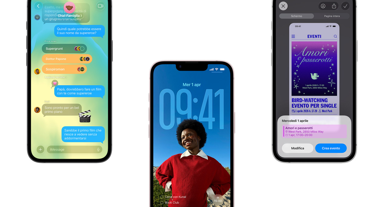 Tre iPhone 17e affiancati: quello a sinistra mostra una conversazione nell’app Messaggi, quello al centro la schermata di blocco con il ritratto di una persona sorridente e le app Calendario e Orologio sullo sfondo, quello a destra l’interfaccia per la creazione di un evento
