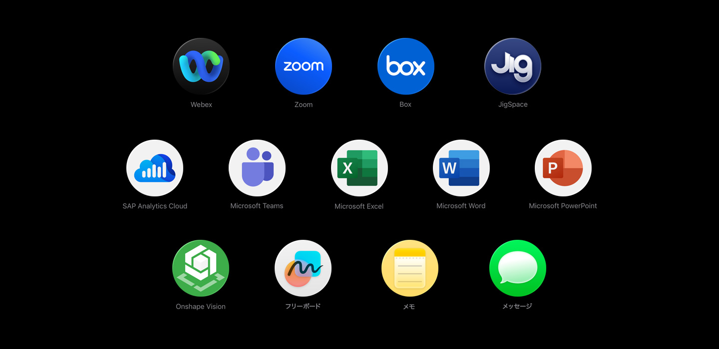 Webex、Zoom、Box、JigSpace、SAP Analytics Cloud、Microsoft Teams、Microsoft Excel、Microsoft Word、Microsoft Powerpoint、Onshape Vision、フリーボード、メモ、メッセージなど、様々なアプリのアイコンが散らばっている