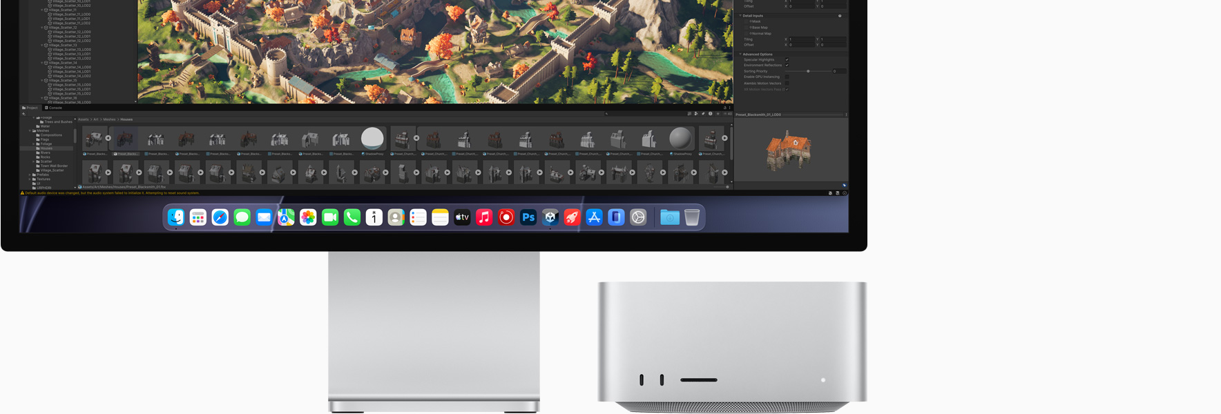 画面上にUnity Editorが表示されているStudio Display XDR、Mac Studioの前面