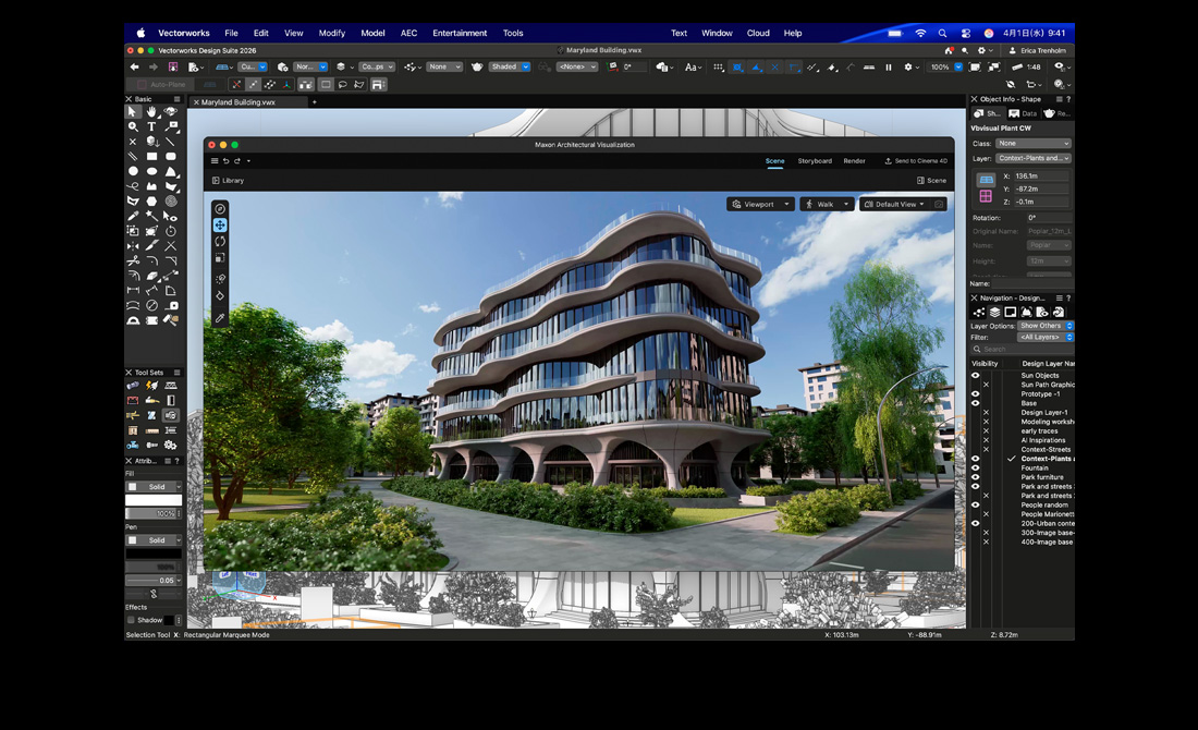 MacBook Proの画面にVectorworks Design SuiteでMaxon Redshiftを使用する様子が表示されている