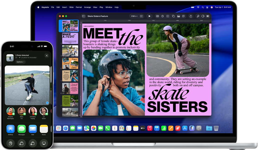사진 앱이 열려있는 iPhone 16 Plus와 Keynote 슬라이드가 열려있는 MacBook Air 13. iPhone에서 보이는 사진이 Keynote의 슬라이드에도 표시되어 있습니다.
