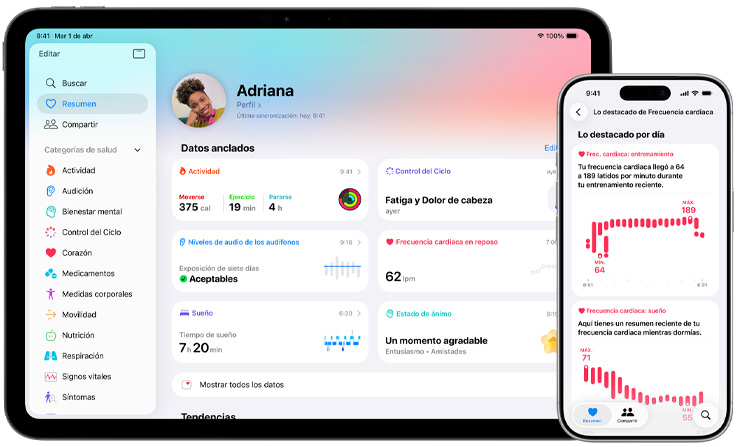 App Salud en el iPad y el iPhone, resumen de salud y favoritos anclados en el iPad, resumen destacado de la frecuencia cardiaca en el iPhone