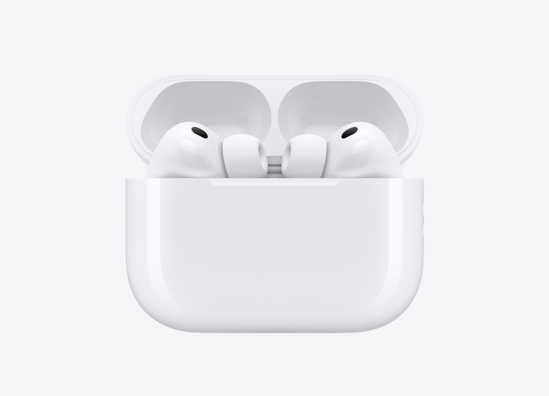 AirPods poking out of case, facing each other